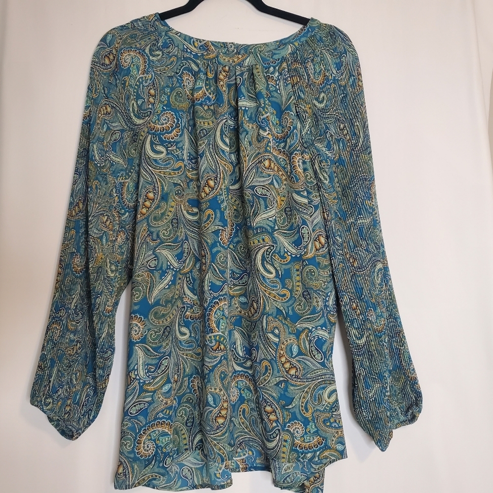 J. Jill Womens Size L L/Sl Turquoise print tunic blouse w/pleated full sleeves